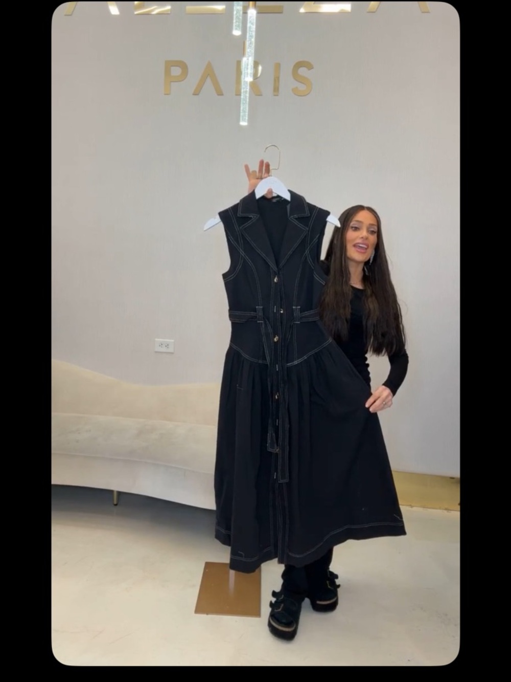 Sleeveless Black Midi Dress with Contrast Stitching